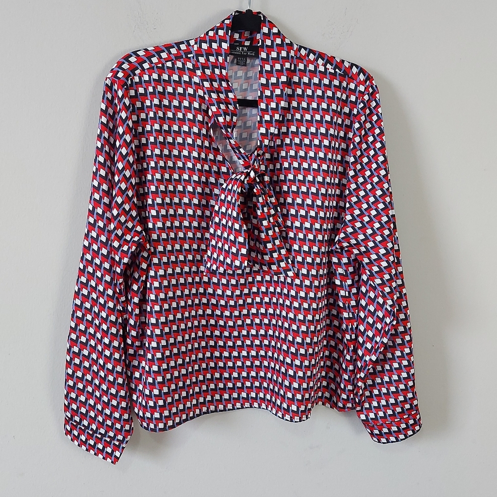 SFW Suitable For Work Italian Semi Sheer Tie Neck Blouse Large Business Outfit